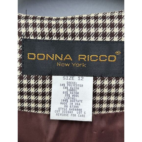 VTG Donna Ricco Sheath Dress Womens Size 12 Brown Houndstooth Wool Pockets Zip - Picture 4 of 7